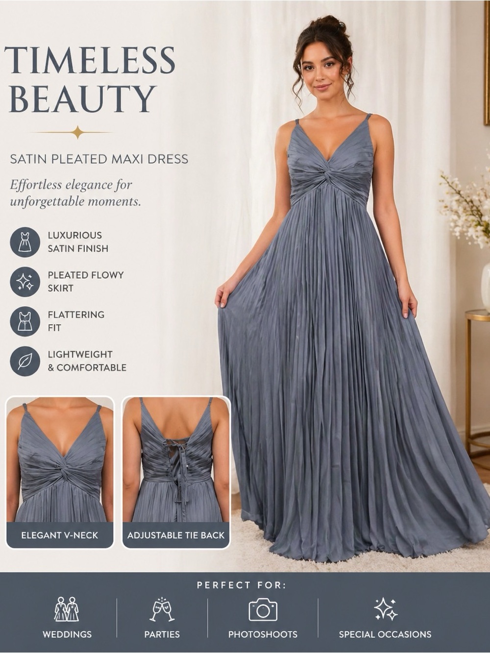 Pleated Satin Maxi Dress — Slate Gray